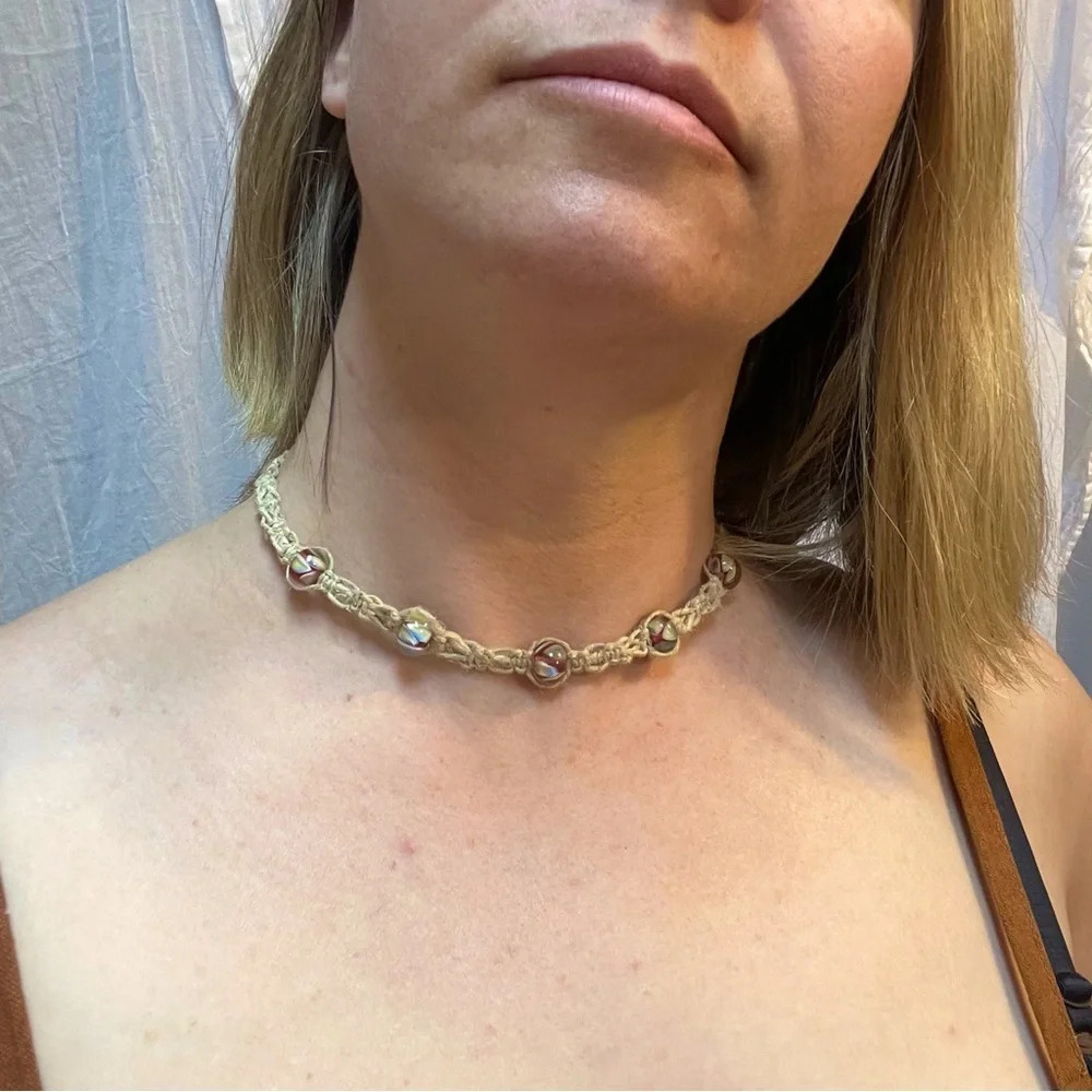 NWT Handmade by Me Macraméd Natural Hemp Lampwork Glass Beaded Choker Necklace